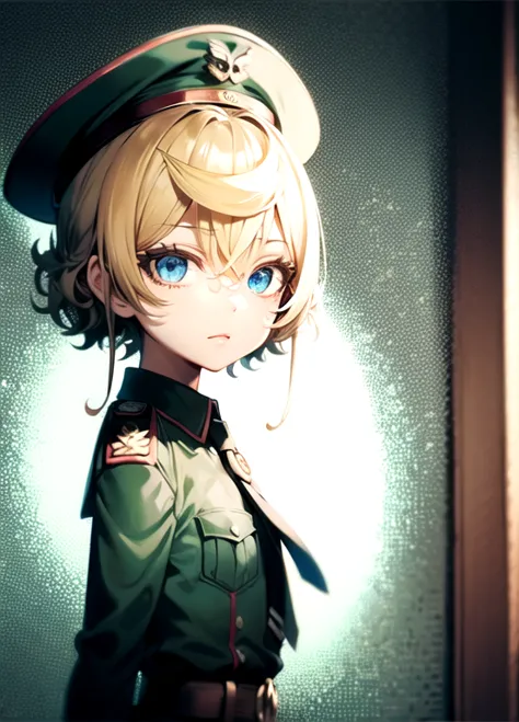 1girl, blonde hair, curly hair, short hair, hair down to chin, germany uniform, black uniform, necktie, red edge,, black cap, mi...