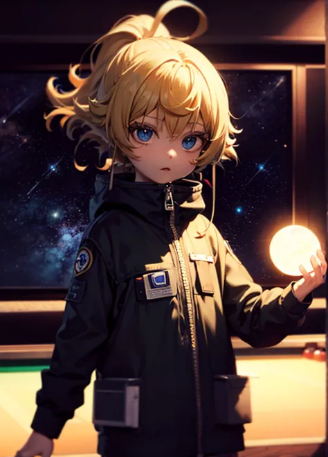 1girl, blonde hair, curly hair, short hair, arafed astronaut playing pool with a ball and a cue, astronaut, astronaut below, ast...