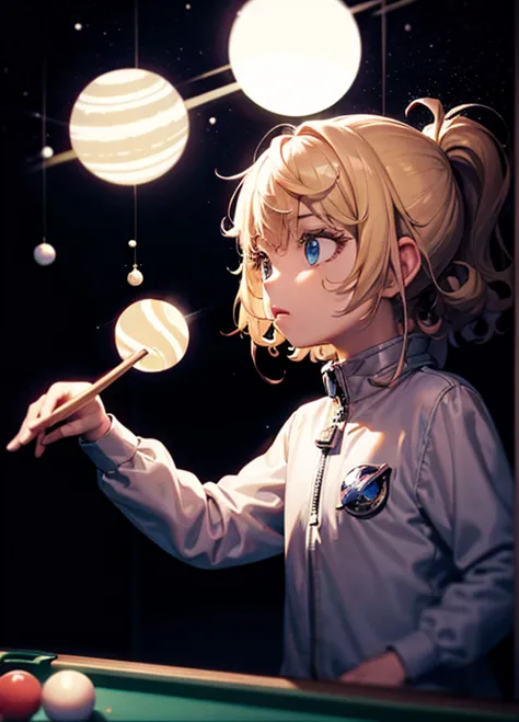 1girl, blonde hair, curly hair, short hair, arafed astronaut playing pool with a ball and a cue, astronaut, astronaut below, ast...