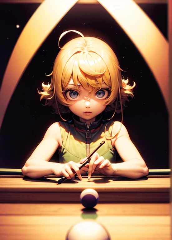 1girl, blonde hair, curly hair, short hair, arafed astronaut playing pool with a ball and a cue, astronaut, astronaut below, astronaut, floating next to the planets, creepy astronaut , 🚀, Outer space, Whistle masterpiece, Outer space, المشي in space, Whistle. Hyperrealism, an astronaut, in space, Space theme, detailed astronaut, floating in Outer space