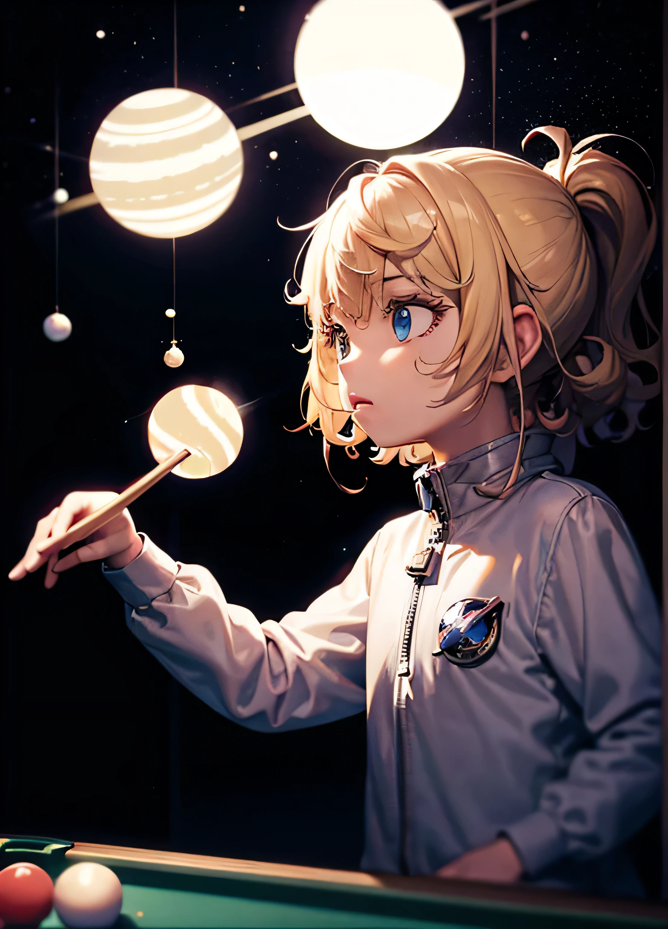 1girl, blonde hair, curly hair, short hair, arafed astronaut playing pool with a ball and a cue, astronaut, astronaut below, astronaut, floating next to the planets, creepy astronaut , 🚀, Outer space, Whistle masterpiece, Outer space, المشي in space, Whistle. Hyperrealism, an astronaut, in space, Space theme, detailed astronaut, floating in Outer space