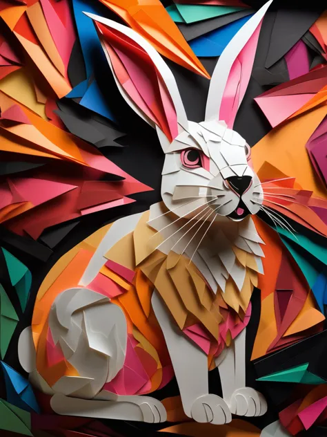 a rabbit  in the papercutout style  very detailed, clean, high quality, sharp image