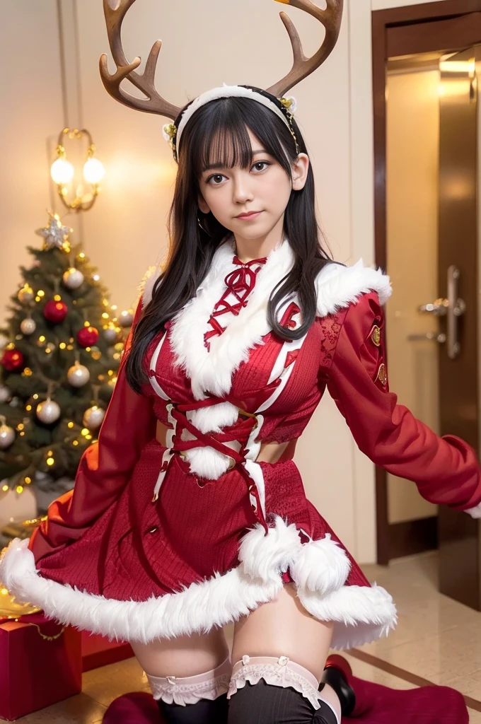 Sexy and stylish female model, Only one woman, ((Doll-like appearance)), length, Colourful and stylish hair, ((Shiny punk style knee-high boots)), (Big smile), Very detailedな目, Detailed makeup, Lip gloss, ((white　green　red　Ruffled Sexy　Lace-up　Lace-up　Santa Claus Cosplay)),Santa Girl、Santa Claus Cosplay　、Christmas Costumes、 Unconventional Skirt, petticoat, ((Large knit tights))、High neck,belly button、、 ((Ultra-detailed races)), ((Very detailed embroidery)), Intricate details, (Silver Chain), (Silver Spike), (Safety pin),  accessories, Door Choker, ((Big shiny punk jewelry)), Cinematic Light 、Sexy cowboy seducing a man, Sparkle Effect, Lens Flare, High resolution, High resolutionモデル, Anatomically correct, 超High resolution, Textured skin, Very detailed, Multiview, Ass POV, Wide angle shot chest, 大きなリボンのヘアaccessories, ((Anatomically correct))、(Magazine model poses)、Lace-up、Bell, Santa hat, Bellをつけた髪, ((A headband decorated with large deer antlers)), 雪の結晶のヘアaccessories, Cheek、Santa Lady、(Big fishnet stockings)、Anatomically correct, Winner of numerous awards, Textured skin, Retina, High-resolution model, Damaged, Grey Hair, green髪, ((Head to knees portrait))、Best Quality, Cinematic light effects, Cinematography, Aperture F1.2, Off the shoulder、belly button