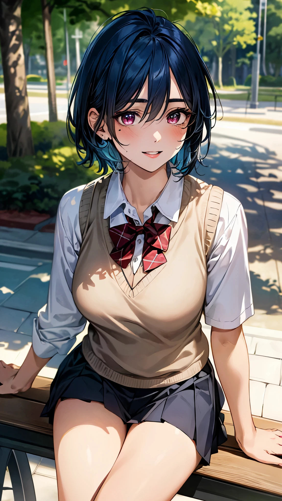 (masterpiece:1.2, top-quality, ultra high res, ultra detailed), (realistic, photorealistic:1.3), beautiful illustration, perfect lighting, natural lighting, colorful, depth of fields, 
beautiful detailed hair, beautiful detailed face, beautiful detailed eyes, beautiful clavicle, beautiful body, beautiful chest, beautiful thigh, beautiful legs, beautiful fingers, shiny skin, babyface, 
looking at viewer, selfie, 1 girl, high school girl, (perfect anatomy, anatomically correct, super detailed skin), cute and symmetrical face, perfect face, perfect eyes, mole under eye, plump and glossy lips, 
(short hair, lob cut, blue hair), hair between eyes, swept bangs, maroon eyes, drooping eyes, big eyes, long eyelashes, (medium breasts, seductive thighs), slender, outstanding style, 
(detailed cloth texture, beige knit vest, white collared shirt, navy pleated mini skirt, dark red bow tie), finest underwear, 
(beautiful scenery), evening, (park:1.2), (sitting on park bench), (lovely smile, upper eyes, parted lips), 