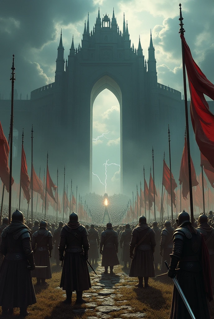 Create an epic scene of the Battle at the Black Gate from "The Lord of the Rings," capturing the tense moment as the forces of Gondor and Rohan face off against Sauron’s dark army. Illustrate the imposing Black Gate, towering above the battlefield, with its menacing architecture silhouetted against a stormy sky. In the foreground, brave warriors, clad in shining armor and battle-worn attire, stand resolute, brandishing swords and shields as they prepare to defend their realm. Show the fierce determination on their faces, with a backdrop of cavalry charging forward, banners flying high. Orcs and monstrous creatures surge toward them, their grotesque forms contrasting with the valor of the defenders. Incorporate swirling dark clouds and flashes of lightning, enhancing the dramatic tension of the moment. Capture the essence of courage and despair in this iconic standoff between light and darkness!