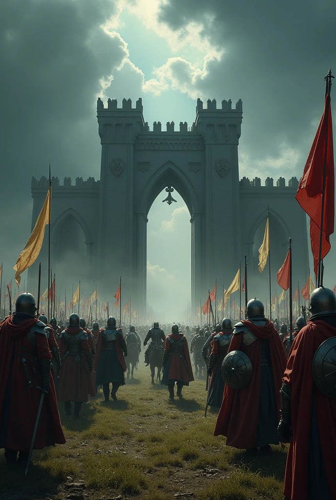 Create an epic scene of the Battle at the Black Gate from "The Lord of the Rings," capturing the tense moment as the forces of Gondor and Rohan face off against Sauron’s dark army. Illustrate the imposing Black Gate, towering above the battlefield, with its menacing architecture silhouetted against a stormy sky. In the foreground, brave warriors, clad in shining armor and battle-worn attire, stand resolute, brandishing swords and shields as they prepare to defend their realm. Show the fierce determination on their faces, with a backdrop of cavalry charging forward, banners flying high. Orcs and monstrous creatures surge toward them, their grotesque forms contrasting with the valor of the defenders. Incorporate swirling dark clouds and flashes of lightning, enhancing the dramatic tension of the moment. Capture the essence of courage and despair in this iconic standoff between light and darkness!