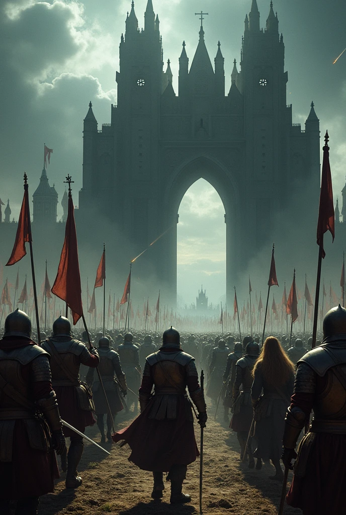 Create an epic scene of the Battle at the Black Gate from "The Lord of the Rings," capturing the tense moment as the forces of Gondor and Rohan face off against Sauron’s dark army. Illustrate the imposing Black Gate, towering above the battlefield, with its menacing architecture silhouetted against a stormy sky. In the foreground, brave warriors, clad in shining armor and battle-worn attire, stand resolute, brandishing swords and shields as they prepare to defend their realm. Show the fierce determination on their faces, with a backdrop of cavalry charging forward, banners flying high. Orcs and monstrous creatures surge toward them, their grotesque forms contrasting with the valor of the defenders. Incorporate swirling dark clouds and flashes of lightning, enhancing the dramatic tension of the moment. Capture the essence of courage and despair in this iconic standoff between light and darkness!