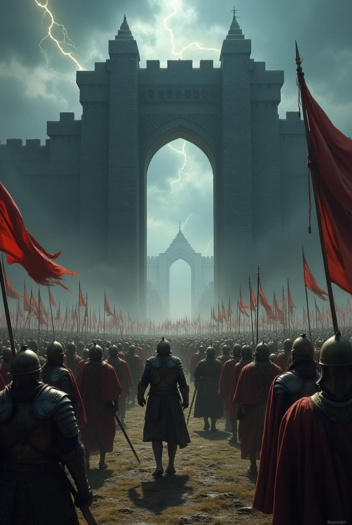 Create an epic scene of the Battle at the Black Gate from "The Lord of the Rings," capturing the tense moment as the forces of Gondor and Rohan face off against Sauron’s dark army. Illustrate the imposing Black Gate, towering above the battlefield, with its menacing architecture silhouetted against a stormy sky. In the foreground, brave warriors, clad in shining armor and battle-worn attire, stand resolute, brandishing swords and shields as they prepare to defend their realm. Show the fierce determination on their faces, with a backdrop of cavalry charging forward, banners flying high. Orcs and monstrous creatures surge toward them, their grotesque forms contrasting with the valor of the defenders. Incorporate swirling dark clouds and flashes of lightning, enhancing the dramatic tension of the moment. Capture the essence of courage and despair in this iconic standoff between light and darkness!