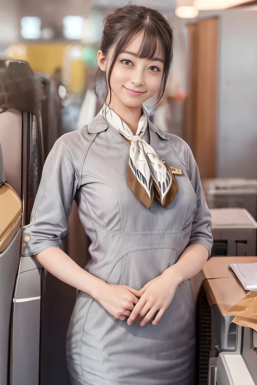 (masterpiece:1.2、Best Quality:1.2)、32kHDR、High resolution、(alone、1 girl、Slim figure)、（Starlux Airlines Cabin Crew Uniform）、 (At the airport counter, Professional Lighting)、A proper woman, Beautiful Face,、（Starlux Airlines Cabin Crew Uniform Short Sleeve）、（Starlux Airlines Cabin Crew Uniform）、（Scarf on chest）、Big Breasts、（Long Hair、Hair Bun）、dark brown hair、Long Shot、（（Great hands：2.0））、（（Harmonious body proportions：1.5））、（（Normal limbs：2.0））、（（Normal finger：2.0））、（（Delicate eyes：2.0））、（（Normal eyes：2.0））)、Beautiful position、smile、Hands down