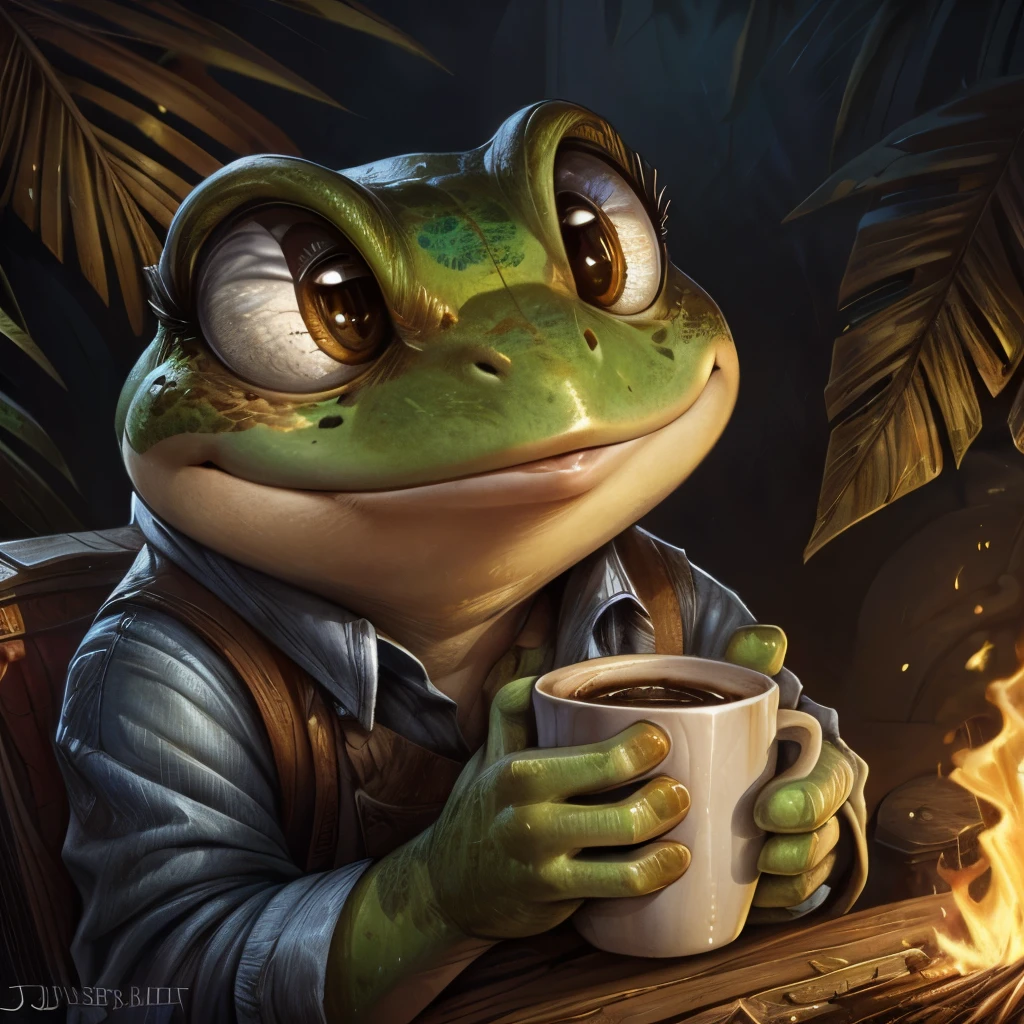 a close up of a frog with a cup of coffee, cute frog, cute illustration, the wednesday frog, monge jean-baptiste monge, by Jesper Ejsing, by Jean-Baptiste Monge, by andrei riabovitchev, ❤🔥🍄🌪, 🍂 cute, by Mario Dubsky, jean - baptiste monge, by Justin Gerard