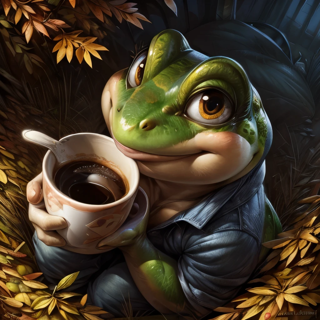 a close up of a frog with a cup of coffee, cute frog, cute illustration, the wednesday frog, monge jean-baptiste monge, by Jesper Ejsing, by Jean-Baptiste Monge, by andrei riabovitchev, ❤🔥🍄🌪, 🍂 cute, by Mario Dubsky, jean - baptiste monge, by Justin Gerard