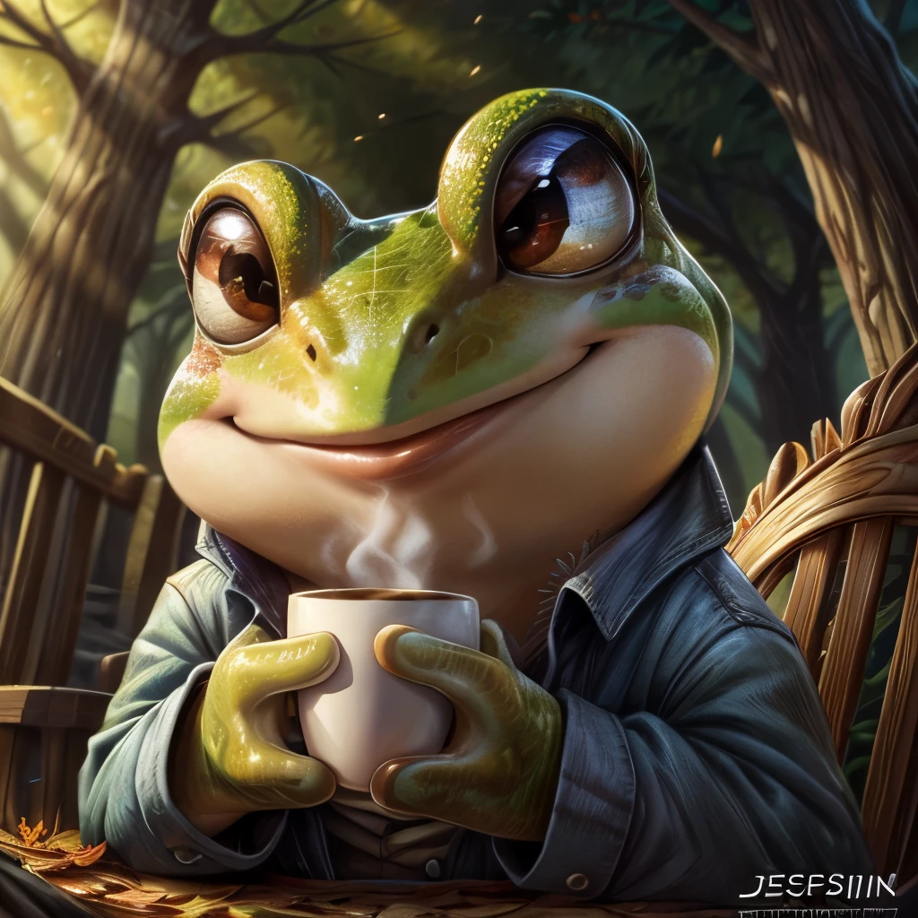 a close up of a frog with a cup of coffee, a pastel by Jesper Ejsing, trending on cgsociety, art nouveau, cute frog, cute illustration, the wednesday frog, monge jean-baptiste monge, ❤🔥🍄🌪, 🍂 cute, jean - baptiste monge, frog, froggy, very detailed toad, cute forest creature