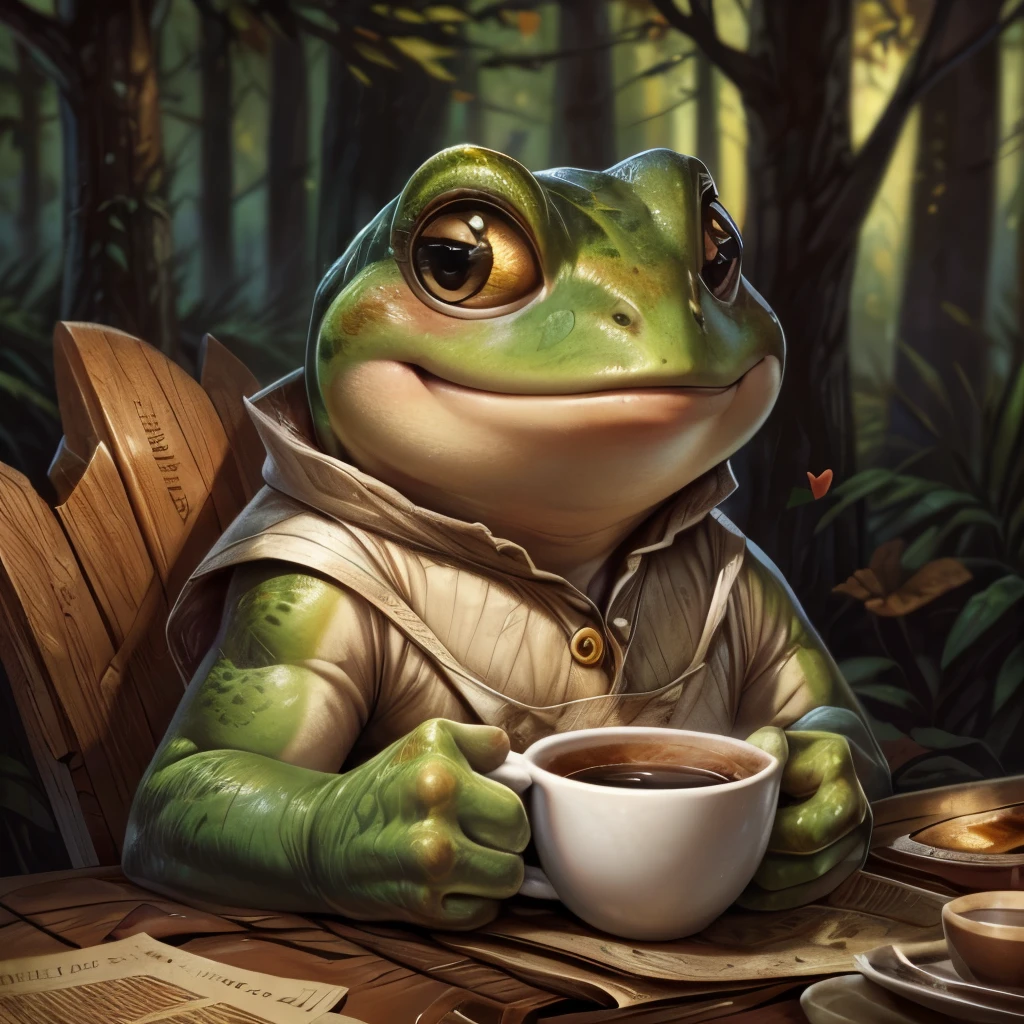 a close up of a frog with a cup of coffee, a pastel by Jesper Ejsing, trending on cgsociety, art nouveau, cute frog, cute illustration, the wednesday frog, monge jean-baptiste monge, ❤🔥🍄🌪, 🍂 cute, jean - baptiste monge, frog, froggy, very detailed toad, cute forest creature