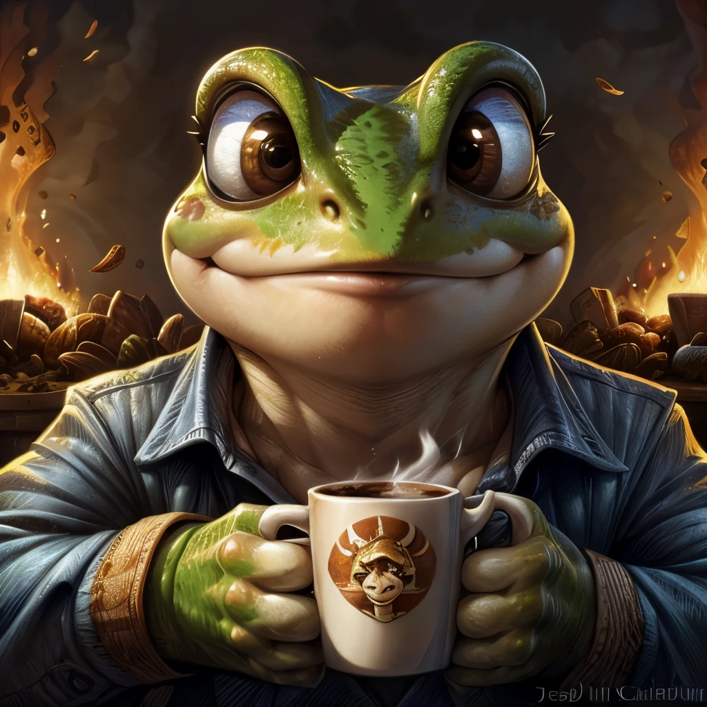 a close up of a frog with a cup of coffee, cute frog, cute illustration, the wednesday frog, monge jean-baptiste monge, by Jesper Ejsing, by Jean-Baptiste Monge, by andrei riabovitchev, ❤🔥🍄🌪, 🍂 cute, by Mario Dubsky, jean - baptiste monge, by Justin Gerard