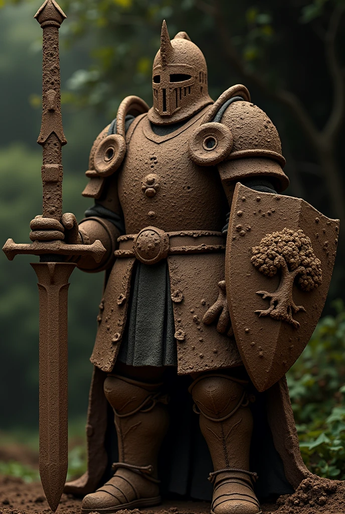 A towering Templar knight stands firmly, entirely crafted from coarse, rugged earth. His helmet, made of compacted soil, features a classic Templar design with a prominent crest and small openings for his fierce eyes that shine with determination. His torso is a solid mass of thick, textured earth, showcasing visible clumps, pebbles, and organic matter. Each section of his chest, back, and abdomen is rough and imposing, embodying the strength of the ground. His arms are robust and made of the same coarse earth, with a grainy surface that highlights the natural imperfections. The hands are sturdy, with fingers formed from the rough soil, ready to grip his weapon. In his right hand, he wields a broad sword made entirely of hardened earth, its blade jagged and rugged. In his left hand, he carries a large shield, also crafted from thick soil, featuring an emblem of an oak tree, symbolizing strength and resilience. The shield’s surface is rough and uneven, adorned with visible soil textures. His legs are powerful and sturdy, seamlessly integrated into his body, resembling thick columns of earth that taper down to solid, compacted soil boots, providing stability. The entire knight radiates the essence of the earth, ready to defend the realm with unwavering valor. Standing tall in a vibrant landscape, the Earthbound Templar embodies the strength of nature, prepared to protect the realm with every formidable movement.