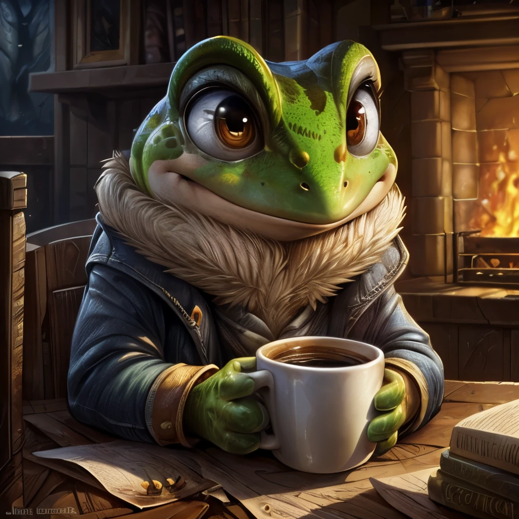 a close up of a frog with a cup of coffee, cute frog, cute illustration, the wednesday frog, monge jean-baptiste monge, by Jesper Ejsing, by Jean-Baptiste Monge, by andrei riabovitchev, ❤🔥🍄🌪, 🍂 cute, by Mario Dubsky, jean - baptiste monge, by Justin Gerard