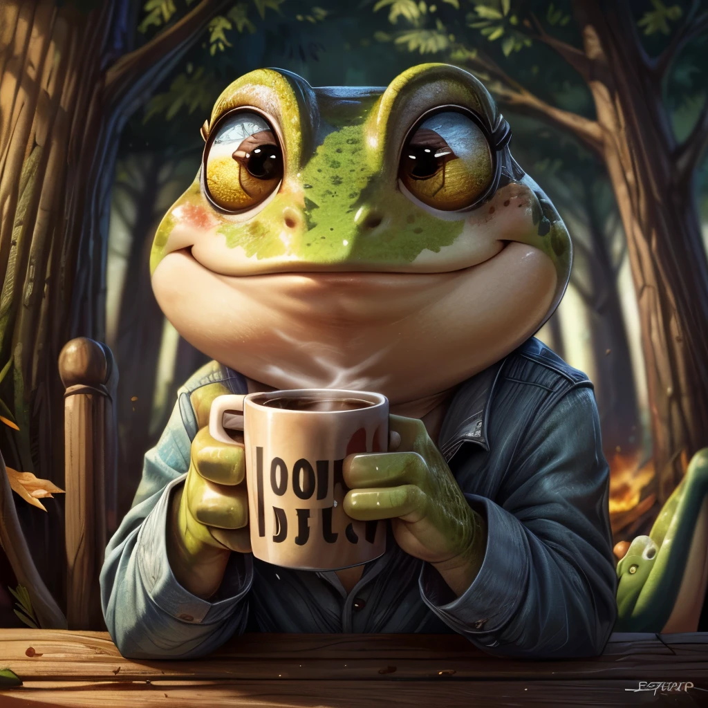 a close up of a frog with a cup of coffee, a pastel by Jesper Ejsing, trending on cgsociety, art nouveau, cute frog, cute illustration, the wednesday frog, monge jean-baptiste monge, ❤🔥🍄🌪, 🍂 cute, jean - baptiste monge, frog, froggy, very detailed toad, cute forest creature