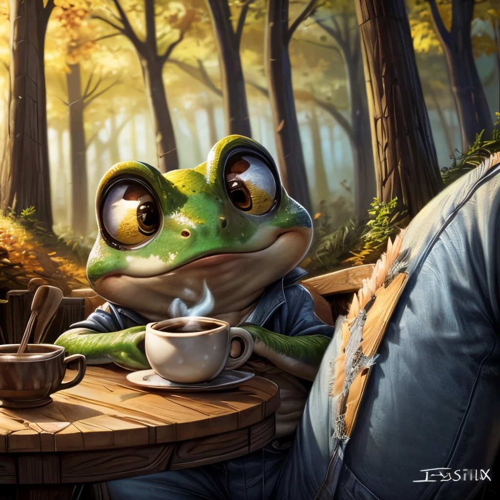 a close up of a frog with a cup of coffee, a pastel by Jesper Ejsing, trending on cgsociety, art nouveau, cute frog, cute illustration, the wednesday frog, monge jean-baptiste monge, ❤🔥🍄🌪, 🍂 cute, jean - baptiste monge, frog, froggy, very detailed toad, cute forest creature