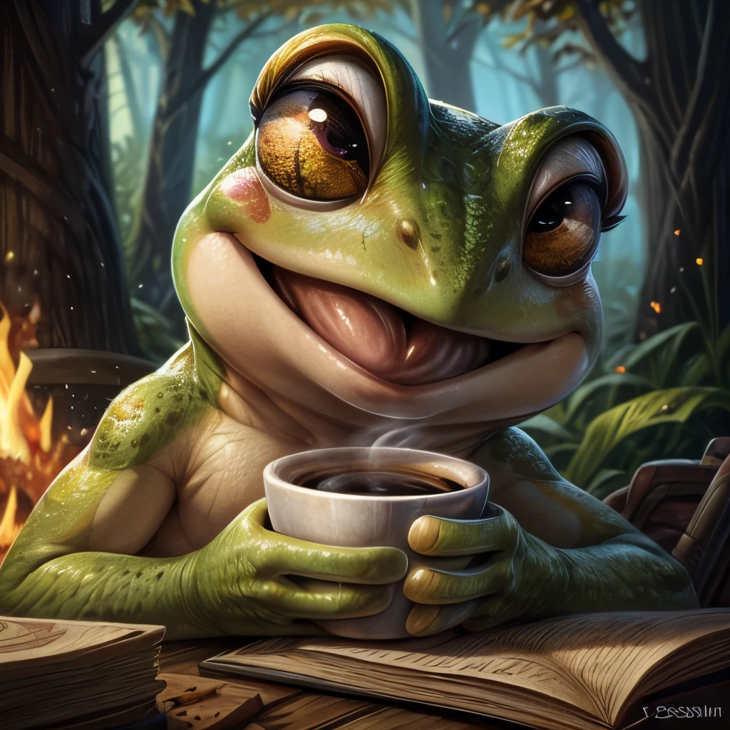 a close up of a frog with a cup of coffee, a pastel by Jesper Ejsing, trending on cgsociety, art nouveau, cute frog, cute illustration, the wednesday frog, monge jean-baptiste monge, ❤🔥🍄🌪, 🍂 cute, jean - baptiste monge, frog, froggy, very detailed toad, cute forest creature