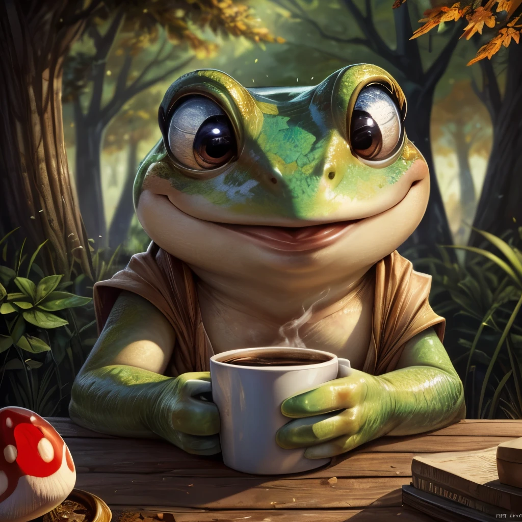 a close up of a frog with a cup of coffee, a pastel by Jesper Ejsing, trending on cgsociety, art nouveau, cute frog, cute illustration, the wednesday frog, monge jean-baptiste monge, ❤🔥🍄🌪, 🍂 cute, jean - baptiste monge, frog, froggy, very detailed toad, cute forest creature