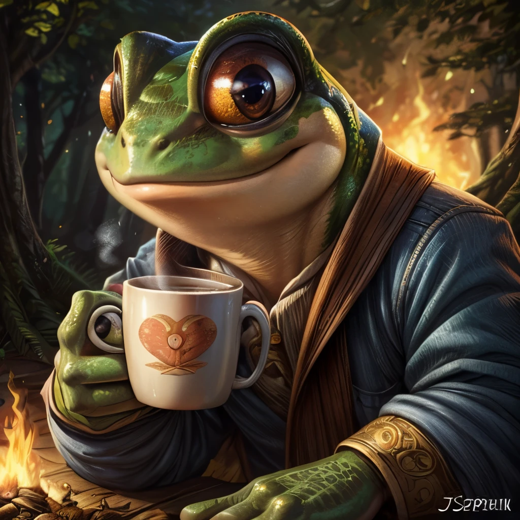 a close up of a frog with a cup of coffee, a pastel by Jesper Ejsing, trending on cgsociety, art nouveau, cute frog, cute illustration, the wednesday frog, monge jean-baptiste monge, ❤🔥🍄🌪, 🍂 cute, jean - baptiste monge, frog, froggy, very detailed toad, cute forest creature