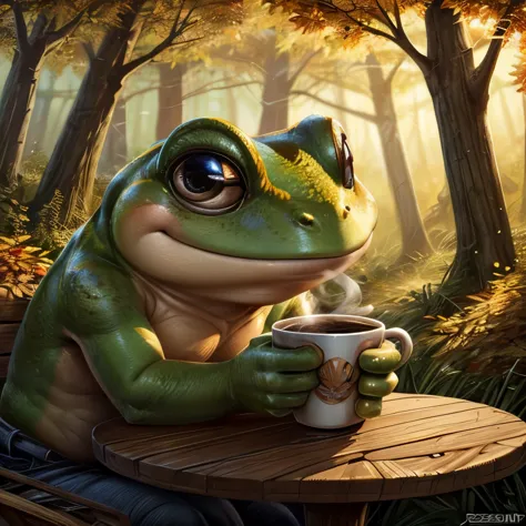 a close up of a frog with a cup of coffee, a pastel by jesper ejsing, trending on cgsociety, art nouveau, cute frog, cute illust...