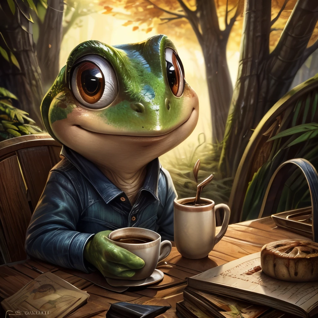 a close up of a frog with a cup of coffee, a pastel by Jesper Ejsing, trending on cgsociety, art nouveau, cute frog, cute illustration, the wednesday frog, monge jean-baptiste monge, ❤🔥🍄🌪, 🍂 cute, jean - baptiste monge, frog, froggy, very detailed toad, cute forest creature