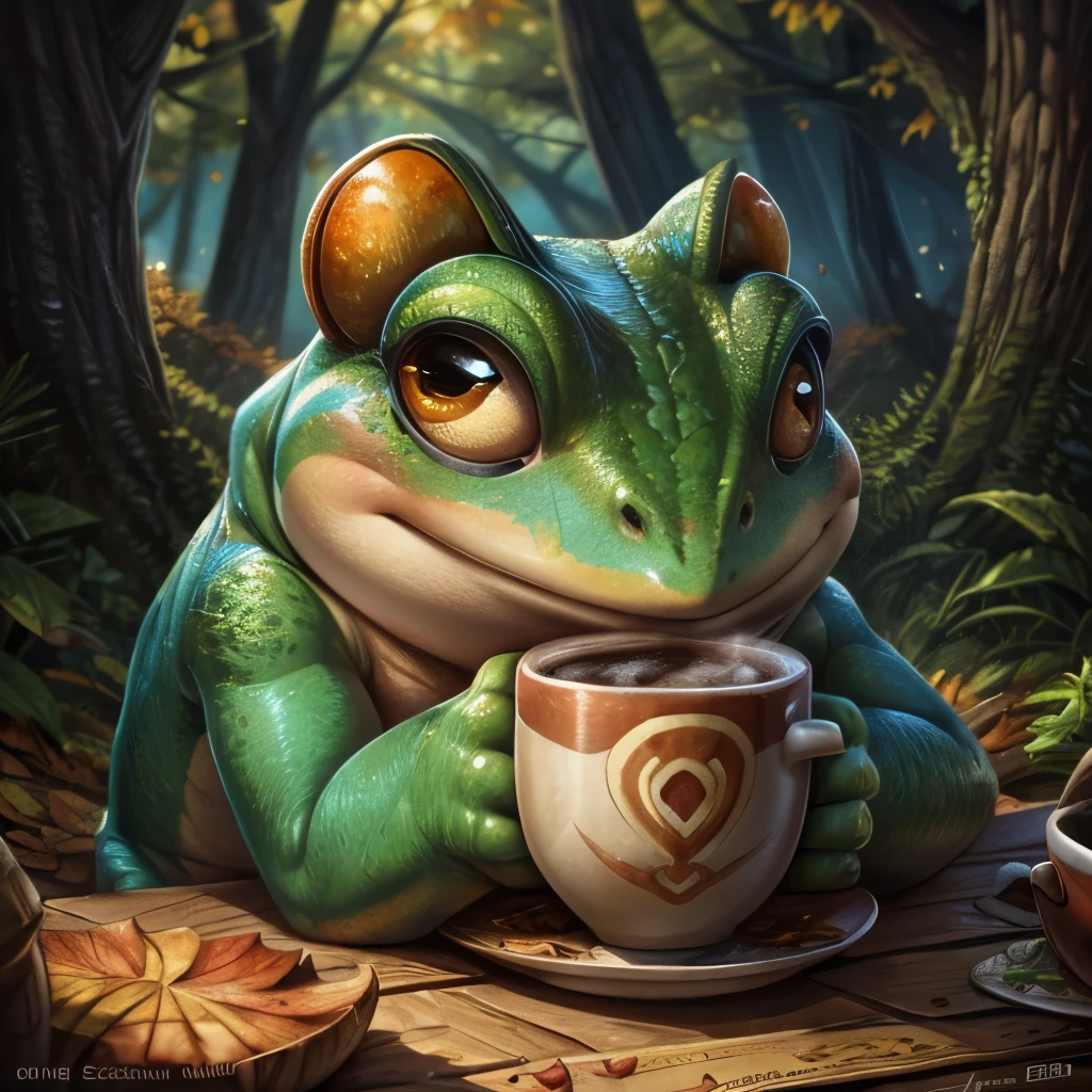 a close up of a frog with a cup of coffee, a pastel by Jesper Ejsing, trending on cgsociety, art nouveau, cute frog, cute illustration, the wednesday frog, monge jean-baptiste monge, ❤🔥🍄🌪, 🍂 cute, jean - baptiste monge, frog, froggy, very detailed toad, cute forest creature