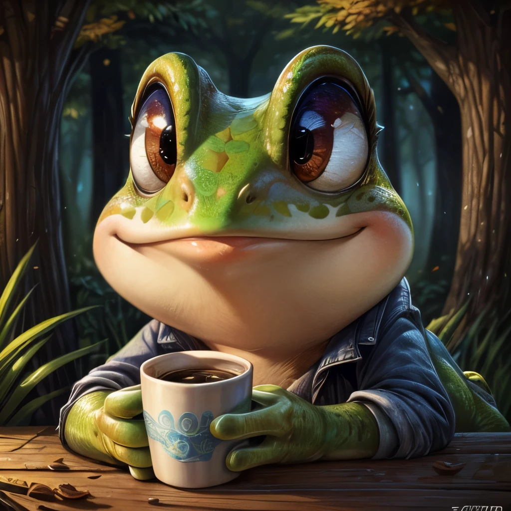 a close up of a frog with a cup of coffee, a pastel by Jesper Ejsing, trending on cgsociety, art nouveau, cute frog, cute illustration, the wednesday frog, monge jean-baptiste monge, ❤🔥🍄🌪, 🍂 cute, jean - baptiste monge, frog, froggy, very detailed toad, cute forest creature