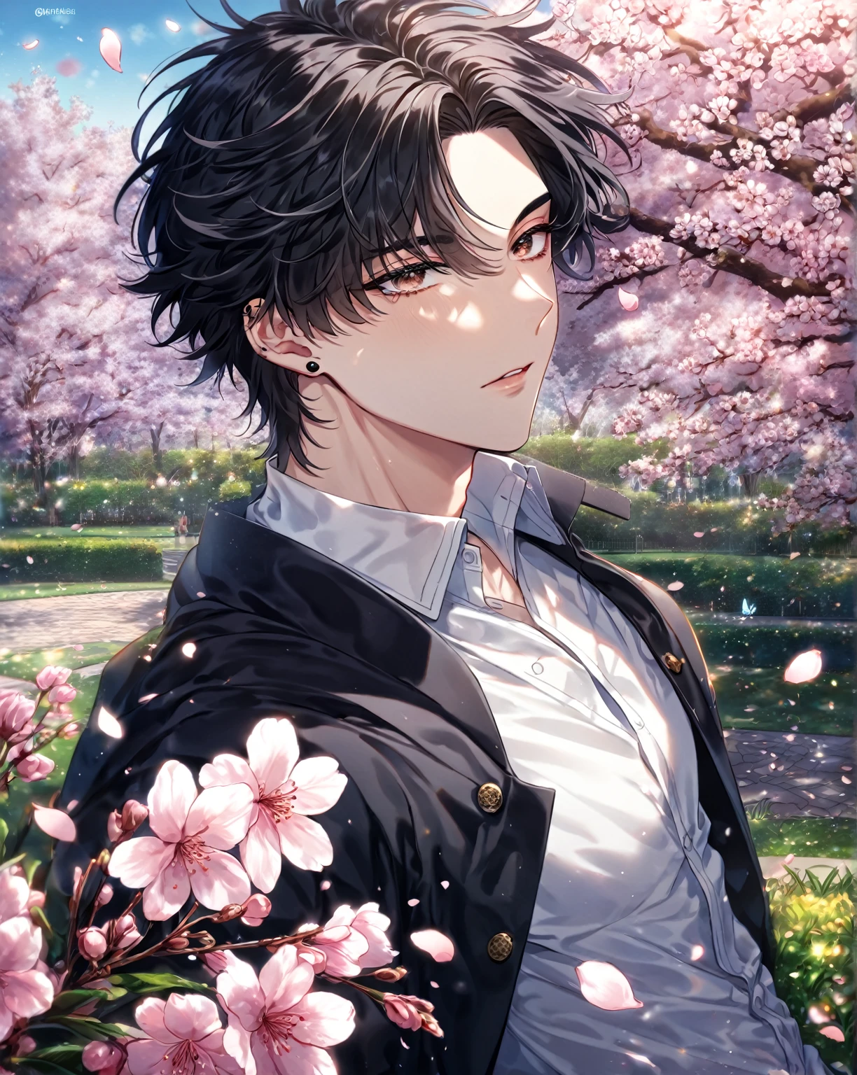 absurdres, highres, ultra detailed, HDR, master piece, best quality, detailed eyes, delicated features, Manhwa Style, Yamada Mikoto, raven black hair that parts just above his left eye, short hair, spiky hair, expressive brown eyes, solo, sexy man, handsome, sensual, adult face, white shirt, black jacket, Japanese school uniform, piercings, spring, garden, pink petals, cherry blossoms, glittering butterflies, pink flower, park, magical, fantasy, Amnesia Memories