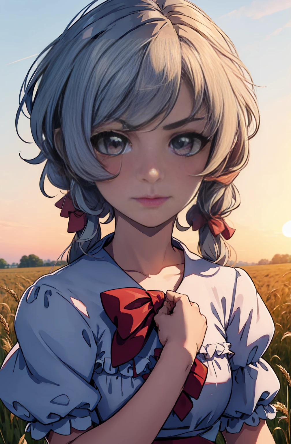 a close up of a person wearing a dress, by Ai-Mitsu, serial art, on the vast wheat fields, curly bangs and Twintail, portrait of a cute girl, gapmoe yandere, morning sunrise, anime style”