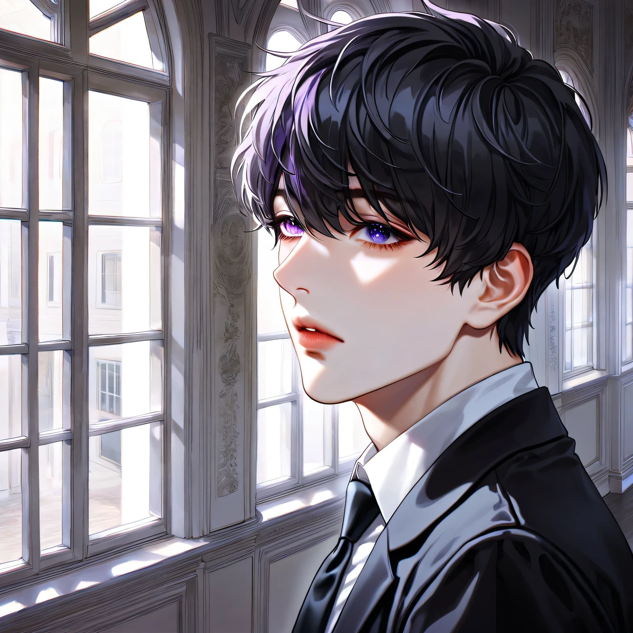 absurdres, highres, ultra detailed, HDR, master piece, best quality, extremely detailed face, delicated features, Kim Dokja, black hair, expressive purple eyes, omniscient reader's viewpoint, handsome, black jacket, white shirt, black necktie, window, hallway, white background 