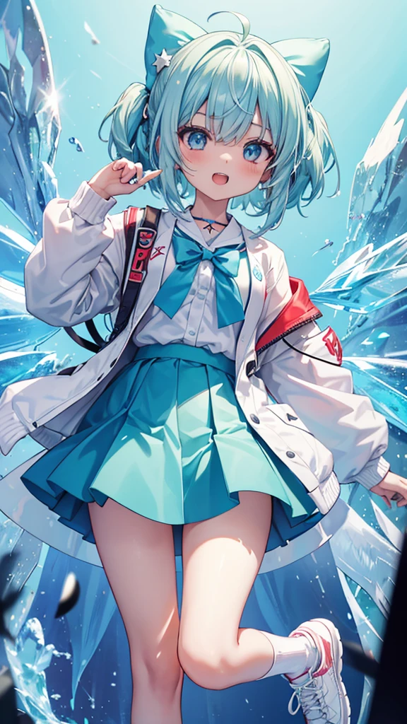 Chibi character characters, cirno,One girl, Alone, ice_wing, green_skirt, open_mouth, lOng_sleeve, , light blue_bow, white_socks, hair_bow, holteething_footeeth, circleteeth_9, hooteethie, , light blue_jacket, sneakers, Ahoge, teethetacheteeth_wing, banteethaiteeth_On_脚white_shoes, heart, Replace_Costume, star_\(symbol\), open_jacket, collareteeth_shirt, :teeth, フェアリーfrilleteeth_skirt star-shapeteeth_studentsymbol-shapeteeth_student. nice,Key vteethual, Vibrant, stuteethio anime,awarteeth-winning, professiOnal, highly teethetaileteeth,high buteethget, CinemaScope