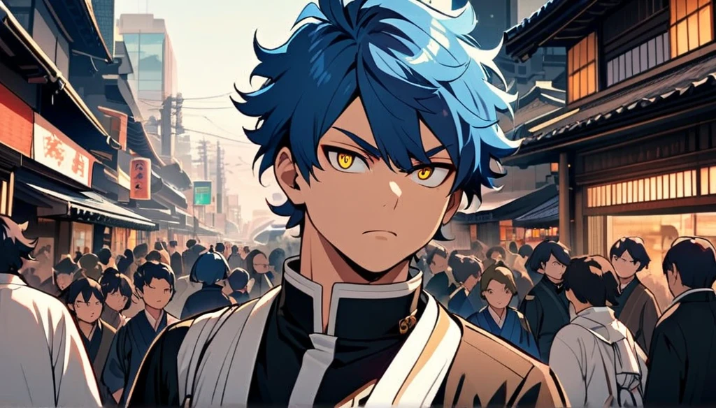 A serious,blue-haired, Wavy shoulder-length gold-eyed  boy, With a black jacket with white details and white pants, Good anatomy, , Boku no hero academy , in the middle of the street, Japanese style, Tokyo, lots of people in the background,undefined, undefined, undefined, undefined, undefined, undefined, undefined,good anatomy ,Detailed face, Bold eyes, serious, boy