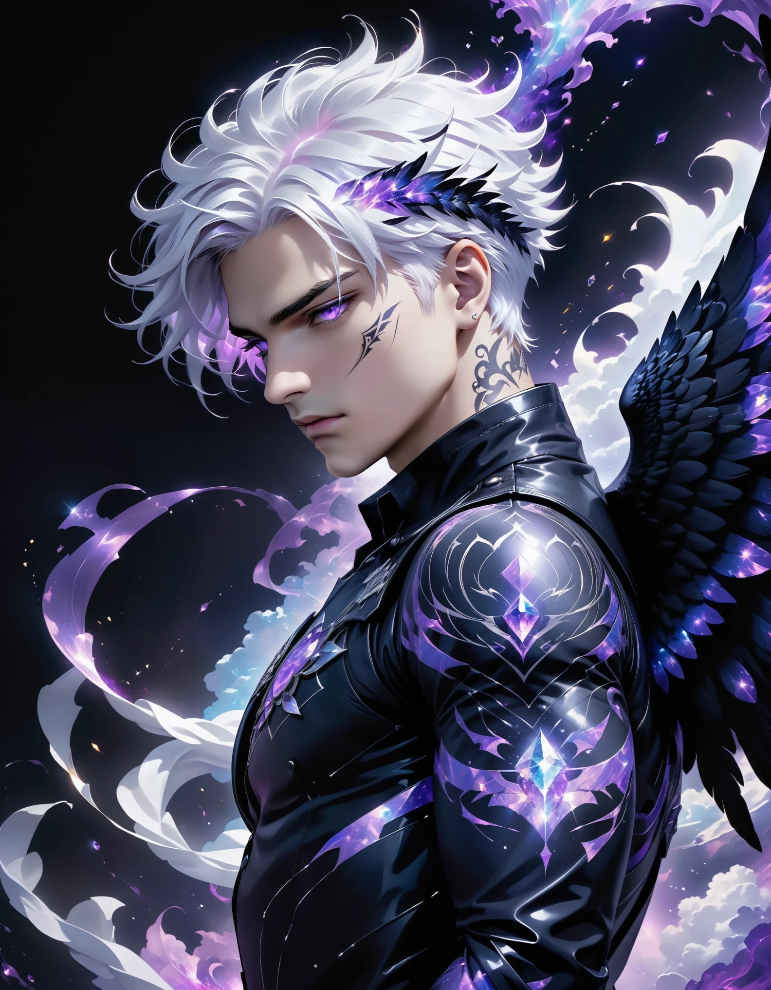 Wallpaper quality, solo, male, white hair, black wings, dark clothing, The boy takes on an incredibly powerful appearance: His body is enveloped by an intense purple aura;, A focused expression takes over his face. His eyes shine like diamonds on a level that are neons, Your body is full of divine tattoos. The purple marks on his back radiate toward his arms and legs, The boy moves with grace and precision, ((Deus)) ((The level of God)) ((divine appearance))