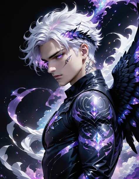 wallpaper quality, solo, male, white hair, black wings, dark clothing, the boy takes on an incredibly powerful appearance: his b...