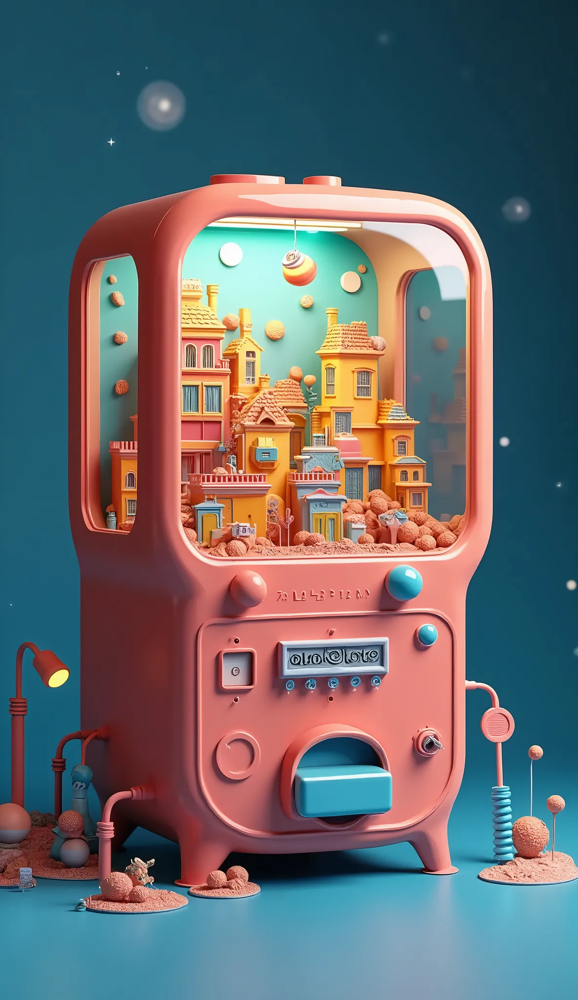 isometric salmon colored candy vending machine, floating, Inside there is a miniature city with houses, windows, pipes, Lamps, science fiction and space, Very vibrant colors (details) contrast between intense yellow and light blue), with contrast, ultra sharp image, without shadows. image contained in the format without touching the edges, dark blue plain background (4k) (highest quality) (fine grain effect). arte de escher, contrast between colors (paper cut) (arte floating) (the image does not touch the edges of the format) (Image contained) (beautiful harmonic composition) (dark blue plain background) (retro theme, 80s: video games, toys and movies) (vibrant contrast)