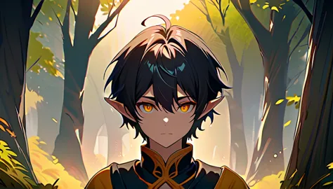 elf, boy, golden eyes, black hair, black and gold elven clothes, in the woods, large, green and orange trees, nature, tranquilit...