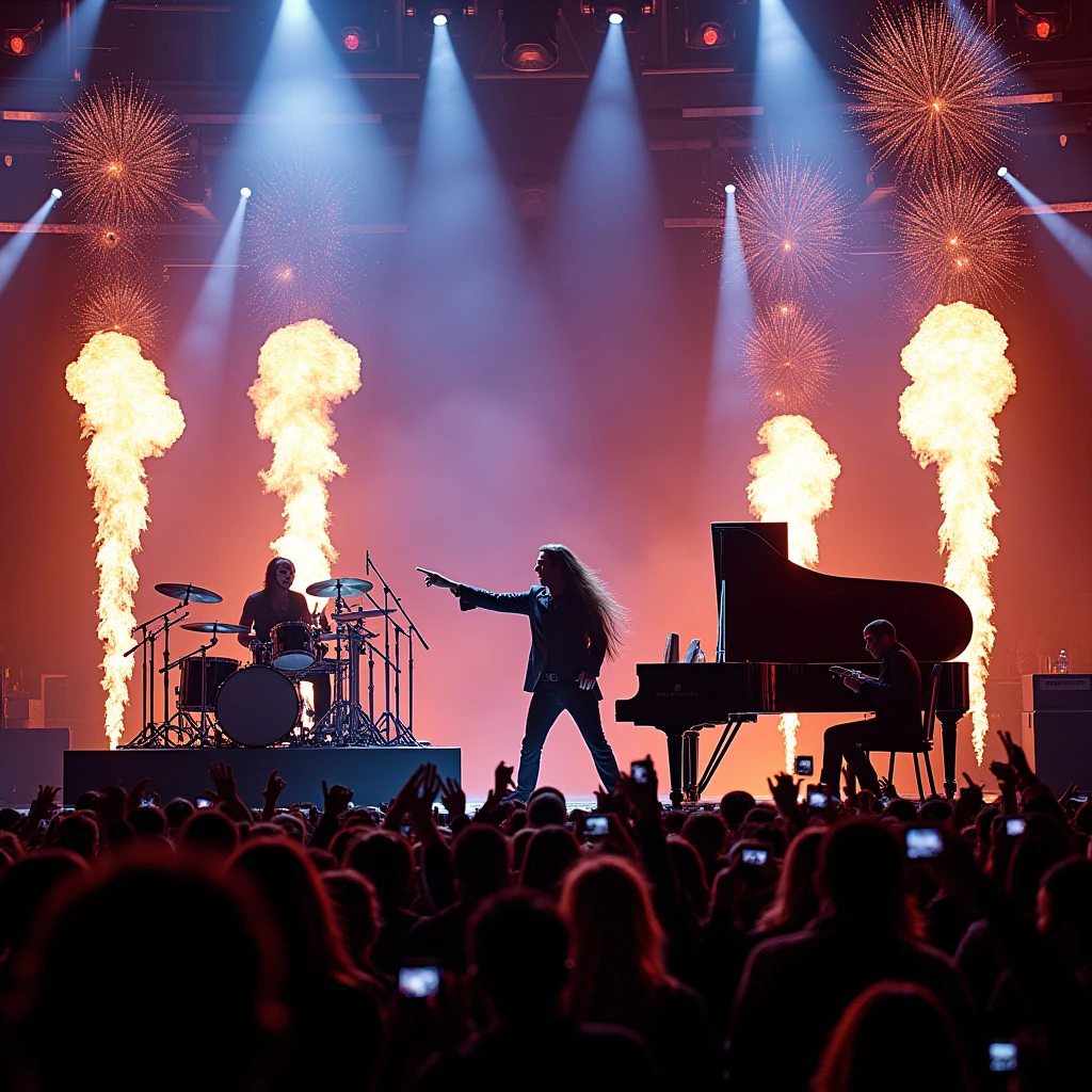 Rock Band on Stage, Masked Drummer with Long Hair, The Vocalist in the Center with Long Hair Points His Fingers at the Goat and Gets High and Stands Behind the Microphone, Pianist plays the piano nearby, Scene Big Screens Show Group Lots of People, Bright Spotlights, realism, Full Detailing, Maximum Quality, masterpiece, Hardcore Style, concert, Fire and Glitter fly out of the stage, bright colors, Shine, Game of Shadows,