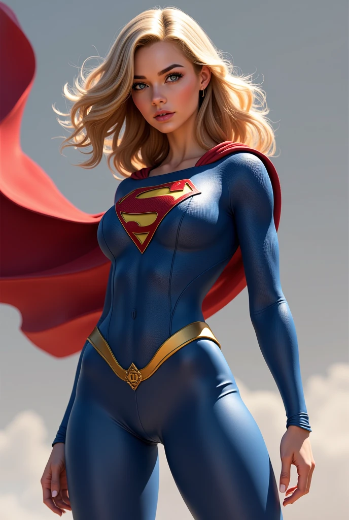 Supergirl wearing a tight jumpsuit, wide hips and small waist, masterpiece, best quality 