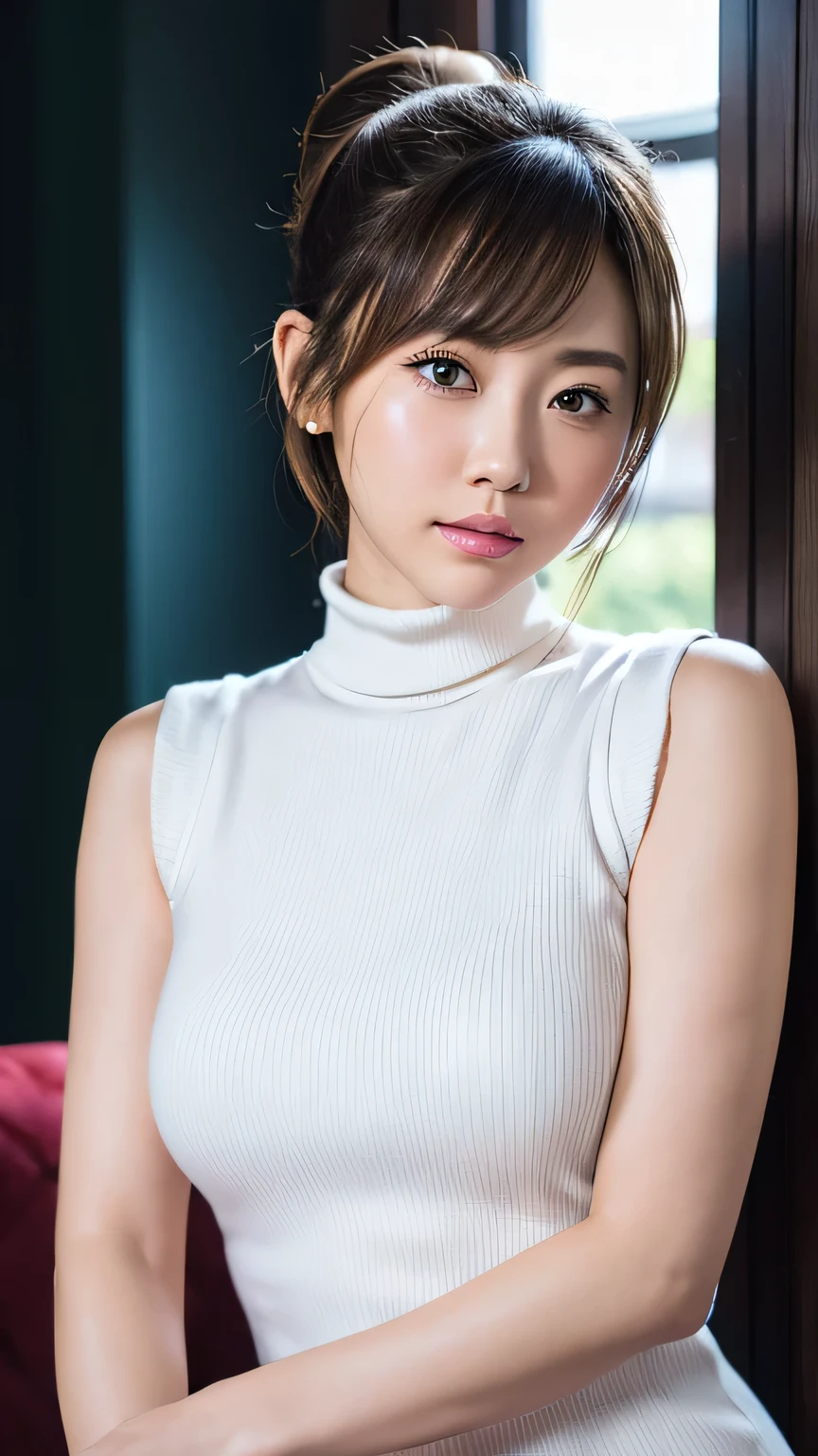 Cute Japanese Woman, ((Best Quality)), ((masterpiece)), (High-quality photos), (Top ponytail), (blonde), (bangs), (beautiful girl), False eyelashes, (Earrings), White sleeveless turtleneck dress with ribbed texture and bodycon fit, (White skin), Head Tilt, (Blushed:1.3), (Upper Body Shot), From the side, (Under the arms), Shiny skin, Wet lips, Thin eyebrows, (brown eyes:1.1), In the downtown area:1.8, Movie Lighting, Awards, 
