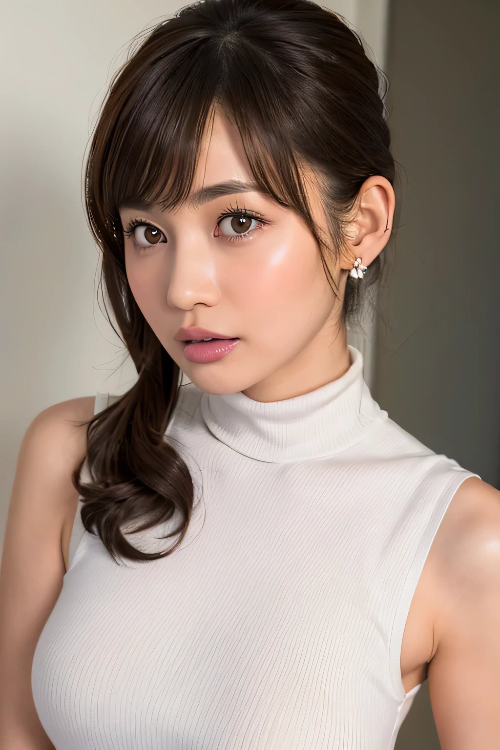 ((Best Quality)), ((masterpiece)), (High-quality photos), (Low Ponytail), (Brown Hair), (bangs), (beautiful girl), False eyelashes,(Sticking out tongue), (Earrings), White sleeveless turtleneck dress with ribbed texture and bodycon fit, (White skin), Head Tilt, View Viewer, (Blushed:1.3), (Face close-up), From the side, (Armpits), Shiny skin, Wet lips, Thin eyebrows, (brown eyes:1.37)
