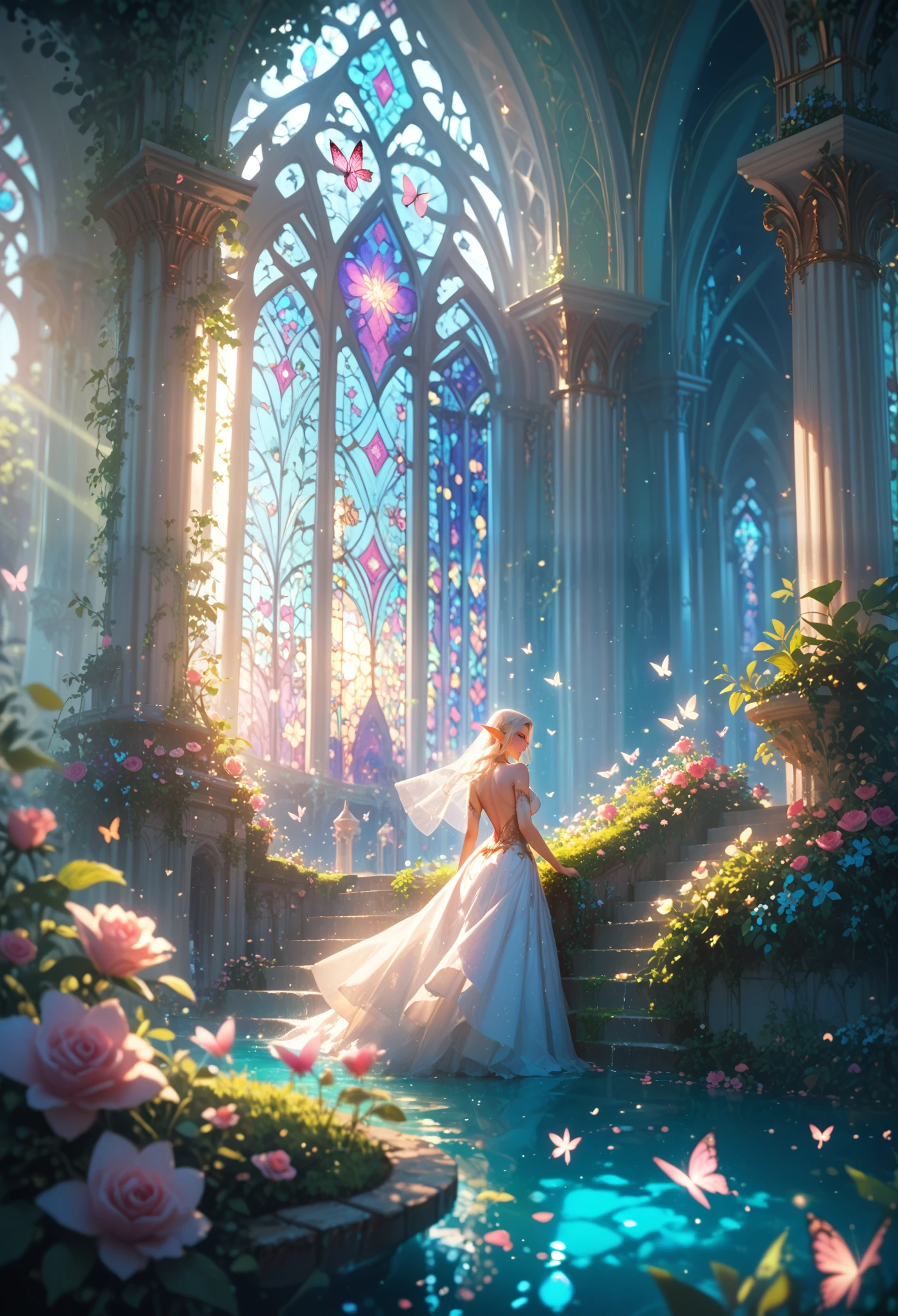 masterpiece, best quality, 1 girl, One, Princess Elf, in the Garden Where Fountains Bubble and Butterflies Fly, flowers are blooming, The Beautiful Emerald Palace is visible, bright colors, Full Detailing, Game of Shadows, Soft light, Shine, beauty, masterpiece,