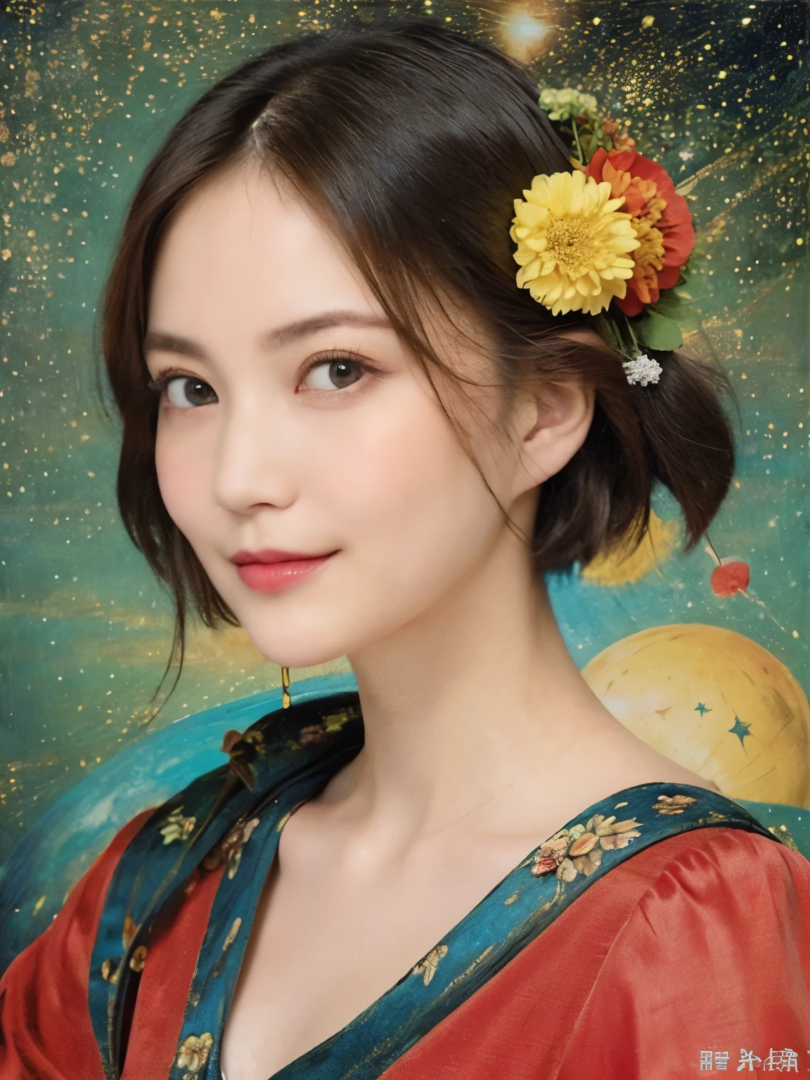 293 (20-year-old woman,short hair), (A kind smile), ((宇宙海賊captain,captain)), (colorful), (Leonardo da Vinci paintings), flower, Futuristic space pirate ship, nebula