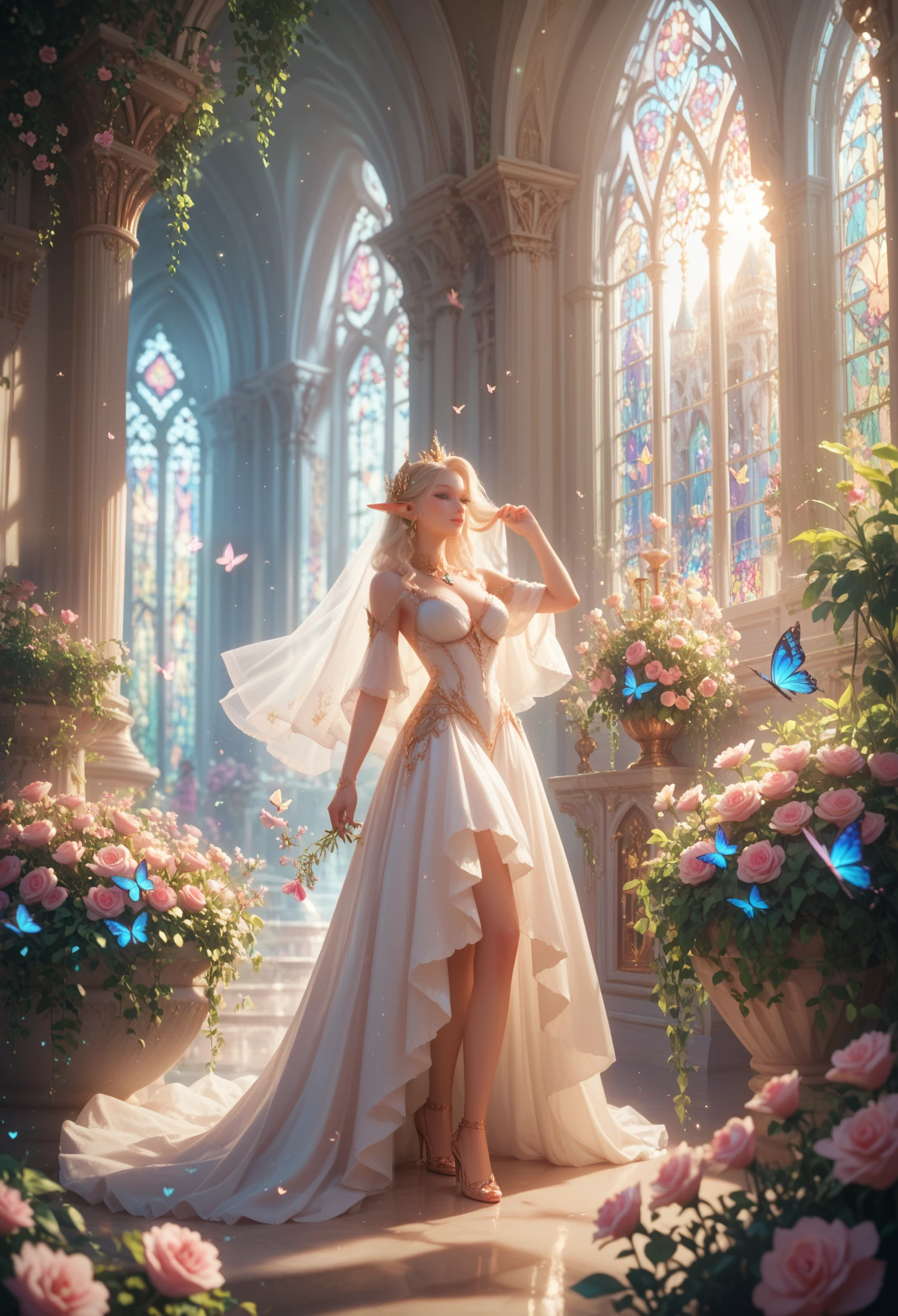 masterpiece, best quality, 1 girl, One, Princess Elf, in the Garden Where Fountains Bubble and Butterflies Fly, flowers are blooming, The Beautiful Emerald Palace is visible, bright colors, Full Detailing, Game of Shadows, Soft light, Shine, beauty, masterpiece,