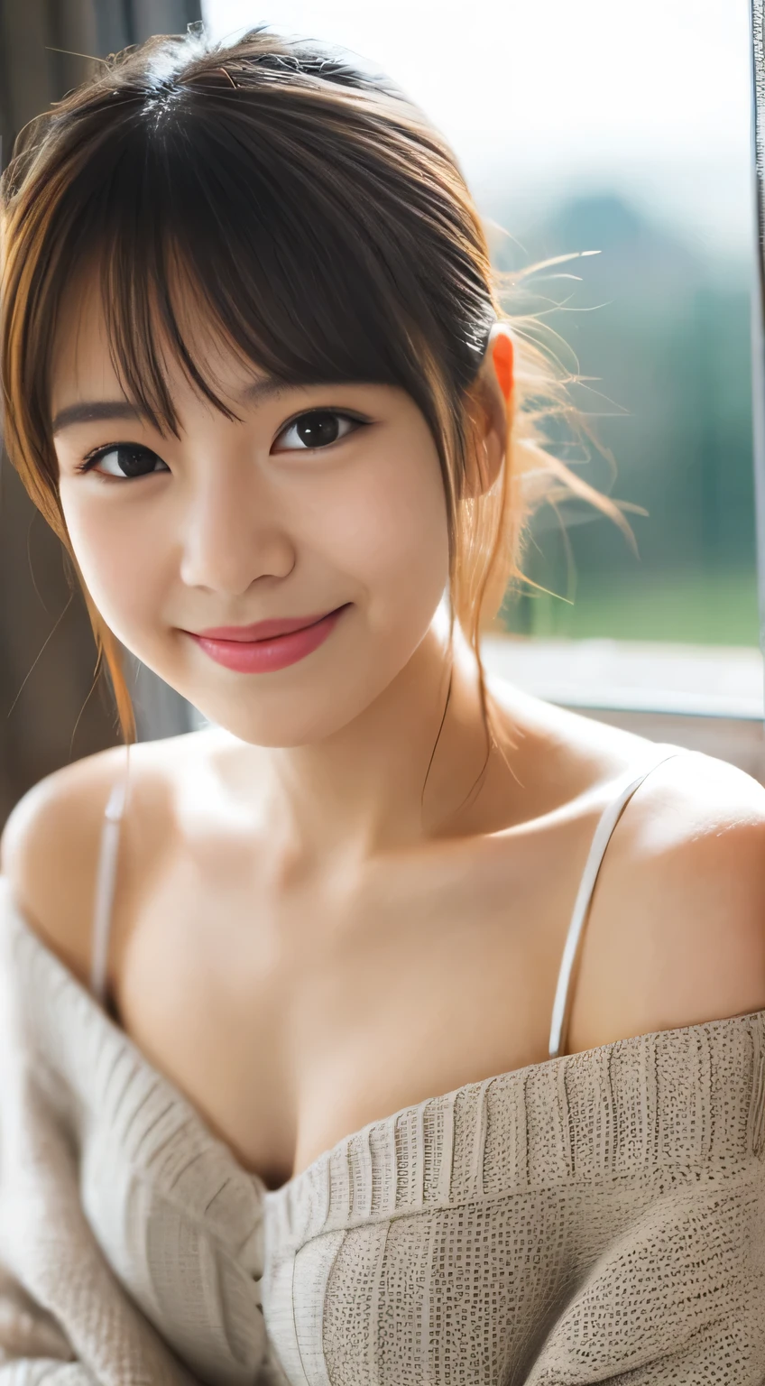 masterpiece,best quality,(Japanese girl),((Beautiful girl)),cleavage,(off shoulder:1.2),(perfect body beauty:1.2),(shy smile),From above