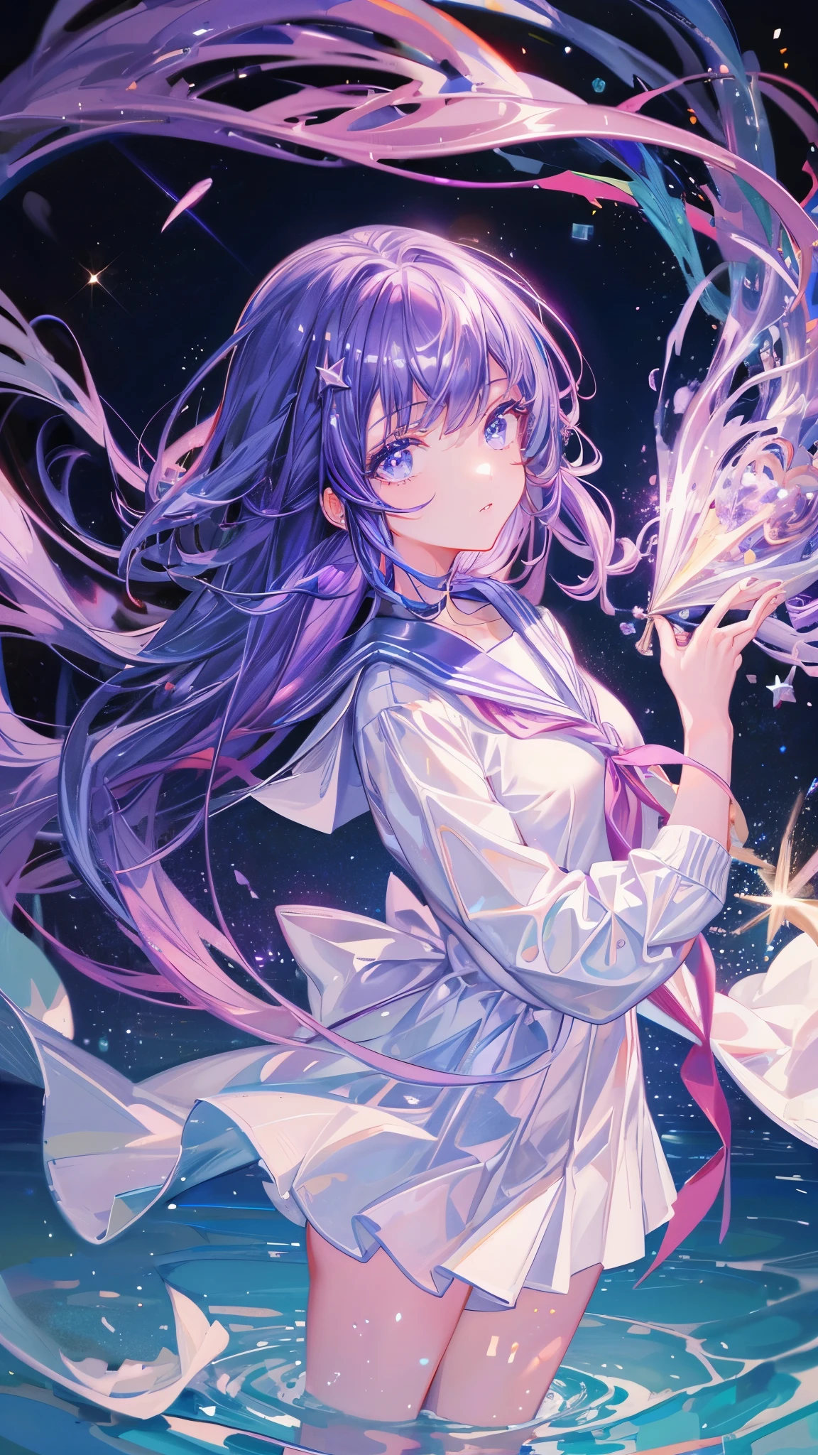 (masterpiece), 4K, Shining like a star, Floating in the night sky with a cool expression, Watch over us, Shining Star々, Brings us happiness, Amethyst hair and eye color, High school girl, Sailor suit, Wizard&#39;s Aura, anime, From afar,