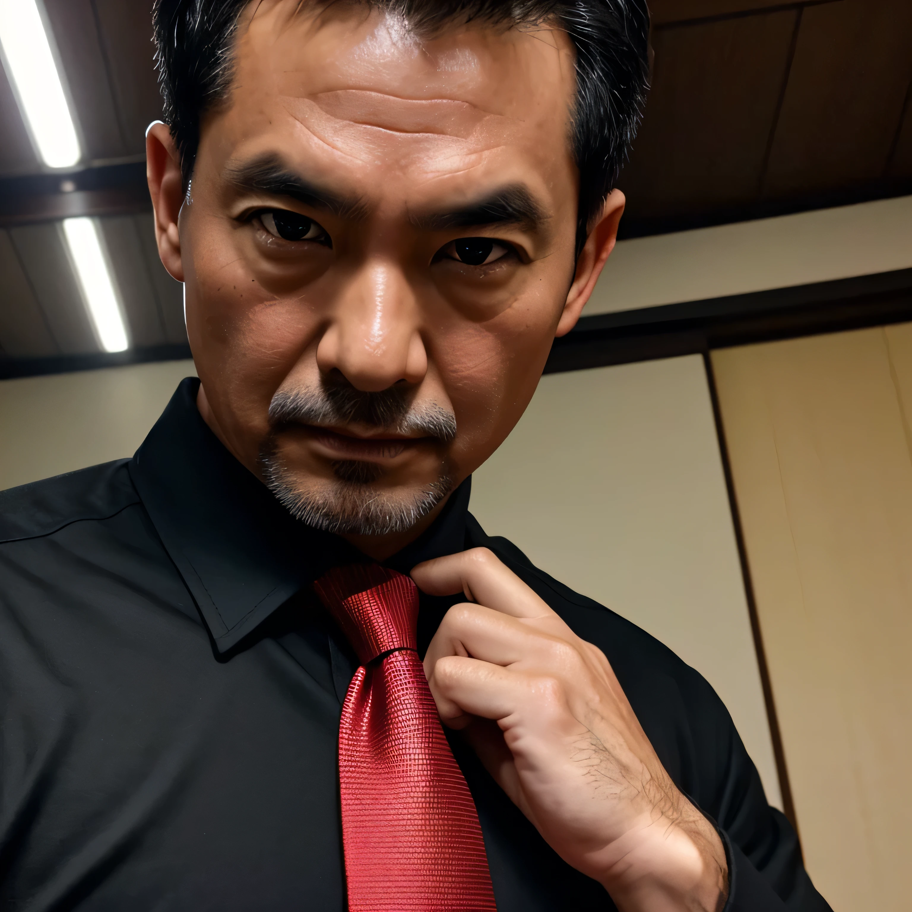 50 years old, men,、Black Shirt、Red tie、Hot Dojo　Menacing look、logic, Gay,Very short hair　,Japanese Face,、　Stubble、　Upper body close-up、Seen from below