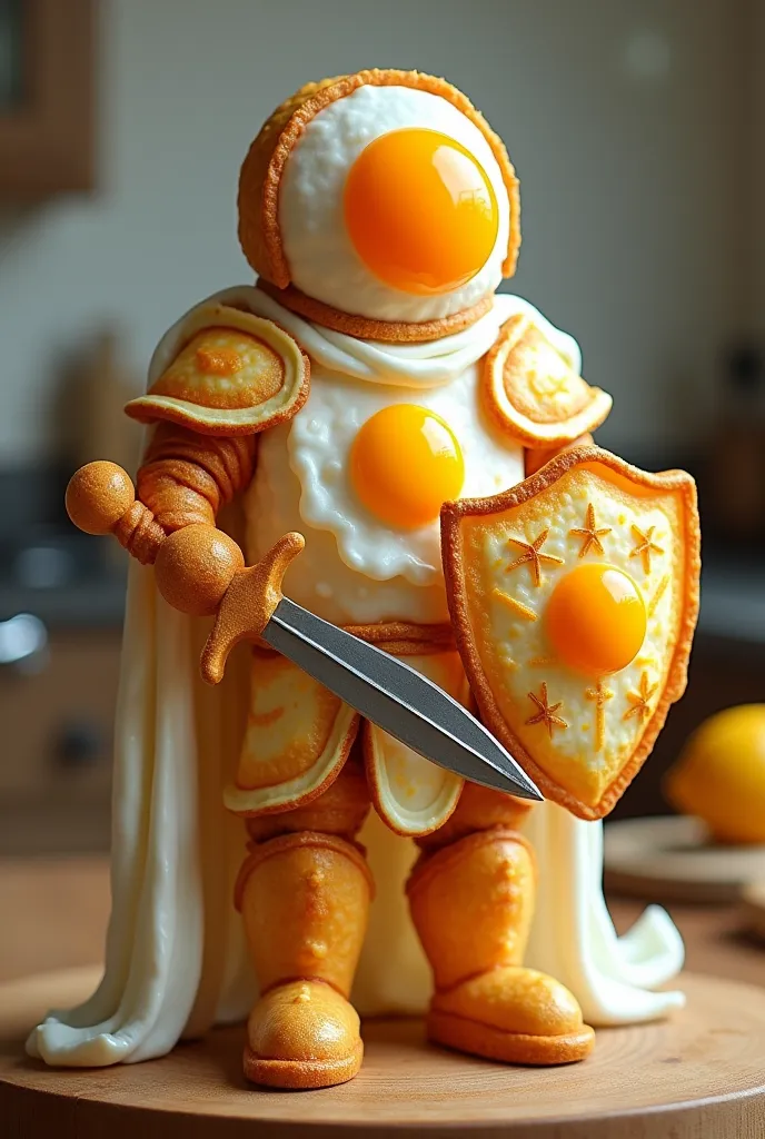 A whimsical paladin stands confidently, his entire form crafted from perfectly fried eggs, creating a humorous and playful knight. His helmet is a circular fried egg, with the yolk positioned in the center, resembling a classic Templar design while exuding an amusing charm. The whites drape around his face, forming a soft, sunny exterior.

His torso is composed of overlapping layers of fried egg whites, each piece slightly curled at the edges, giving the appearance of armor made from eggs. The rich golden yolks are strategically placed to mimic an emblem of valor on his chest, adding a pop of color and personality.

His arms are formed from elongated fried eggs, creating sturdy limbs that maintain the knightly shape while retaining their deliciousness. The hands are shaped from smaller eggs, allowing him to wield his weapons effectively. In his right hand, he holds a broad sword crafted from a perfectly flat, large fried egg, its edge crisp and golden.

In his left hand, he wields a shield made from a massive round fried egg, the yolk serving as a bold centerpiece surrounded by a ring of fluffy white. The shield reflects light playfully, emphasizing the humor of his design.

His legs are fashioned from fried egg whites, tapering down into solid yolk-covered boots that provide stability and a comical touch.

Standing proudly in a sunny kitchen landscape, the Eggcellent Paladin is a humorous figure, ready to defend breakfast and spread joy with every sizzle and flip.