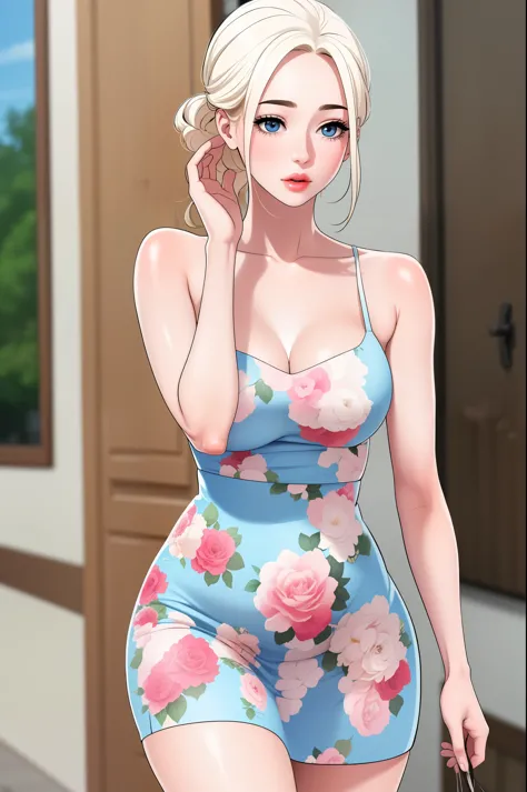 an extremely beautiful blonde mother with big blue eyes, and extremely white fair skin, pink glossy lips in a short revealing blue floral dress. A small cute adorable  with slight tanned lush skin and white hair walking beside the woman